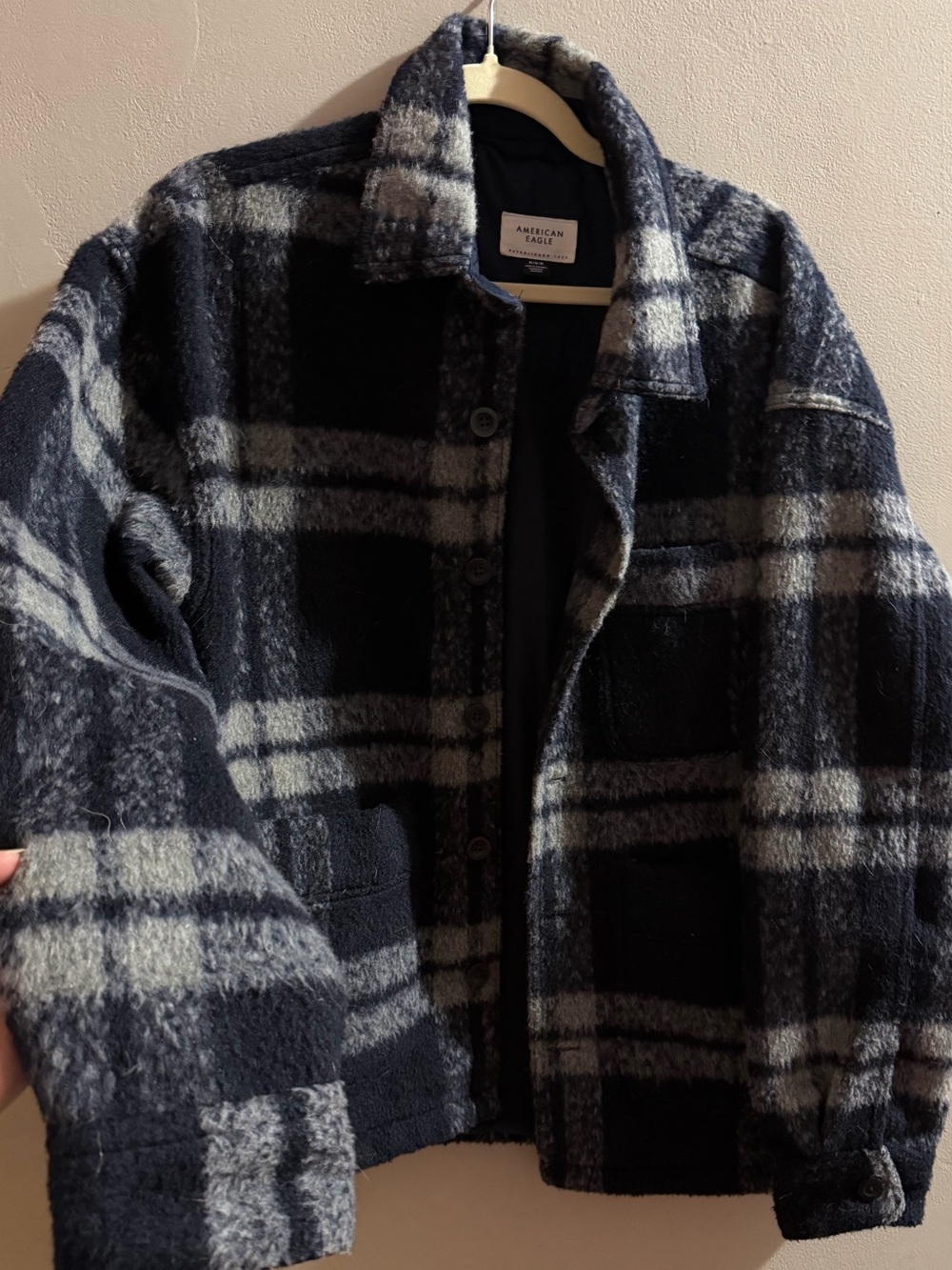 American Eagle Outfitters Kids Navy and Gray Plaid Pea Coat
